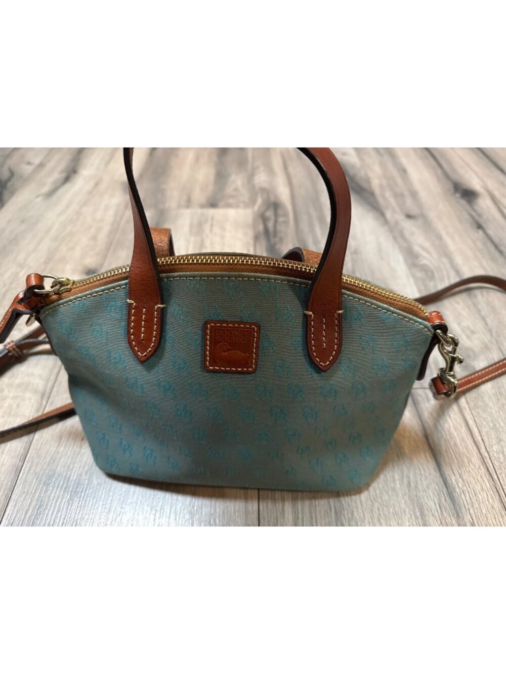Dooney & Bourke VTG Ruby Small Satchel Crossbody Turquoise Canvas DB Monogram Le